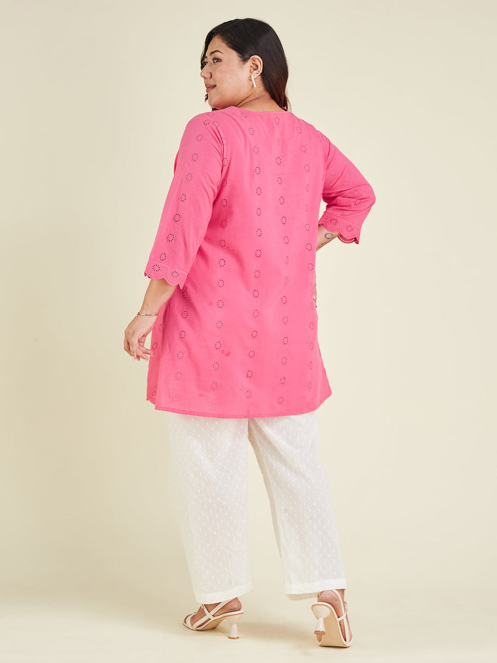 Janasya Women's Plus Size Pink Pure Cotton Schiffli A-line Tunic