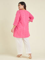 Janasya Women's Plus Size Pink Pure Cotton Schiffli A-line Tunic