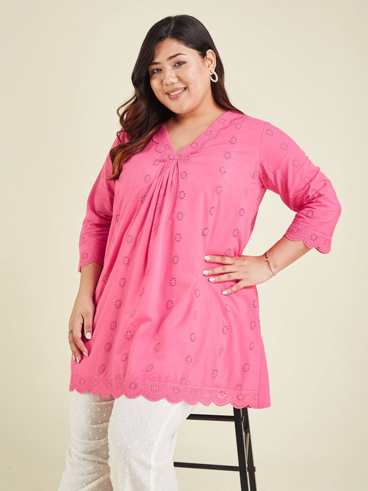 Janasya Women's Plus Size Pink Pure Cotton Schiffli A-line Tunic - qivii