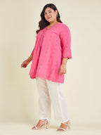 Janasya Women's Plus Size Pink Pure Cotton Schiffli A-line Tunic
