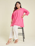 Janasya Women's Plus Size Pink Pure Cotton Schiffli A-line Tunic
