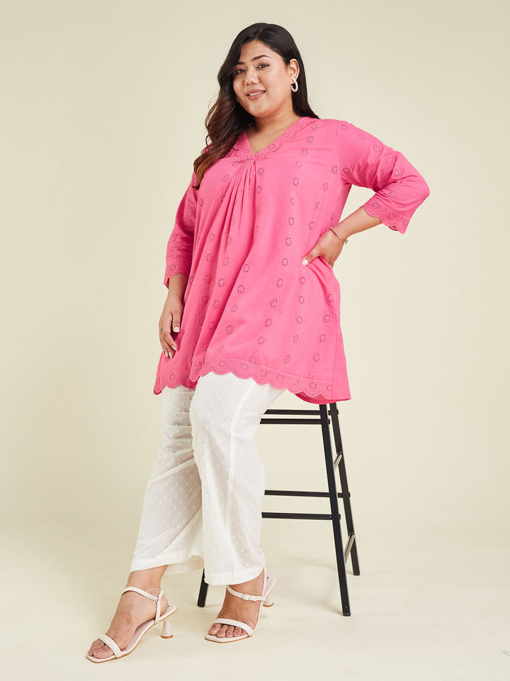 Janasya Women's Plus Size Pink Pure Cotton Schiffli A-line Tunic - qivii