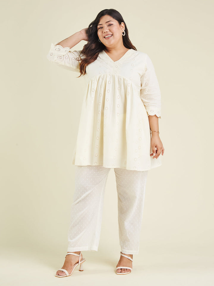 Janasya Women's Plus Size Off White Pure Cotton Schiffli A-line Tunic - qivii