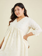 Janasya Women's Plus Size Off White Pure Cotton Schiffli A-line Tunic
