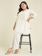 Janasya Women's Plus Size Off White Pure Cotton Schiffli A-line Tunic