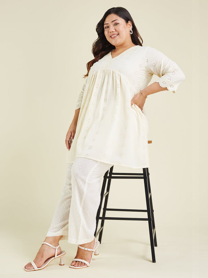 Janasya Women's Plus Size Off White Pure Cotton Schiffli A-line Tunic - qivii