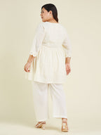 Janasya Women's Plus Size Off White Pure Cotton Schiffli A-line Tunic