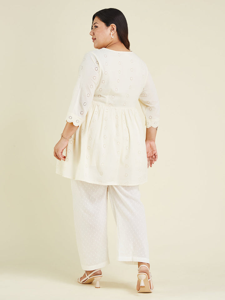 Janasya Women's Plus Size Off White Pure Cotton Schiffli A-line Tunic - qivii