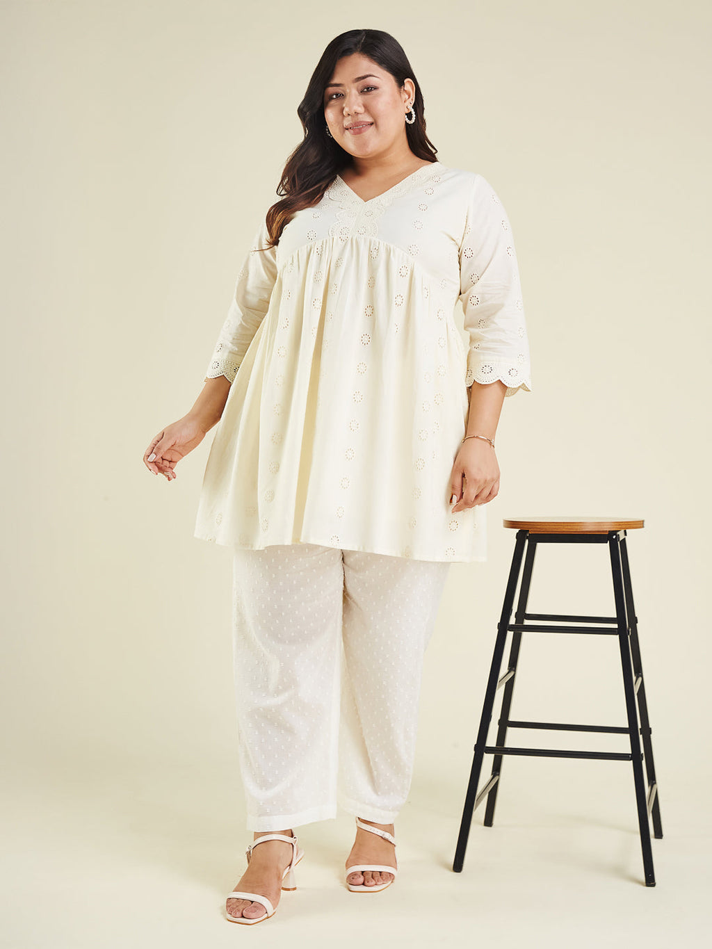 Janasya Women's Plus Size Off White Pure Cotton Schiffli A-line Tunic