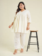 Janasya Women's Plus Size Off White Pure Cotton Schiffli A-line Tunic