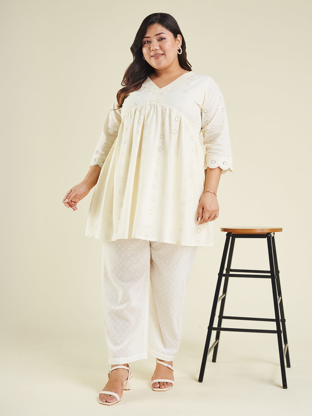 Janasya Women's Plus Size Off White Pure Cotton Schiffli A-line Tunic