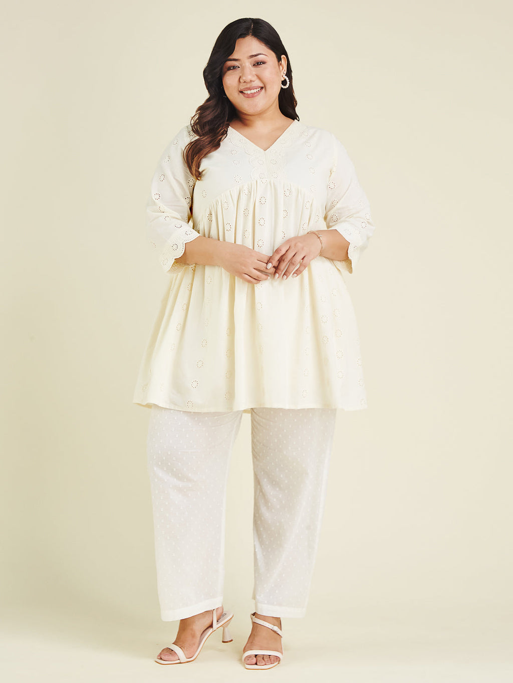 Janasya Women's Plus Size Off White Pure Cotton Schiffli A-line Tunic
