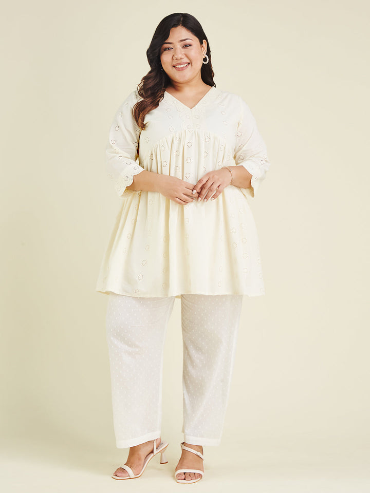 Janasya Women's Plus Size Off White Pure Cotton Schiffli A-line Tunic - qivii