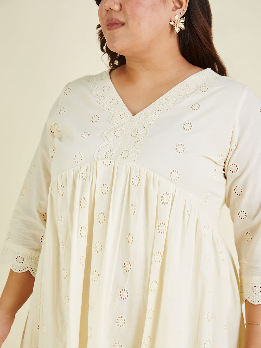 Janasya Women's Plus Size Off White Pure Cotton Schiffli A-line Tunic