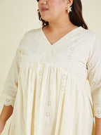 Janasya Women's Plus Size Off White Pure Cotton Schiffli A-line Tunic