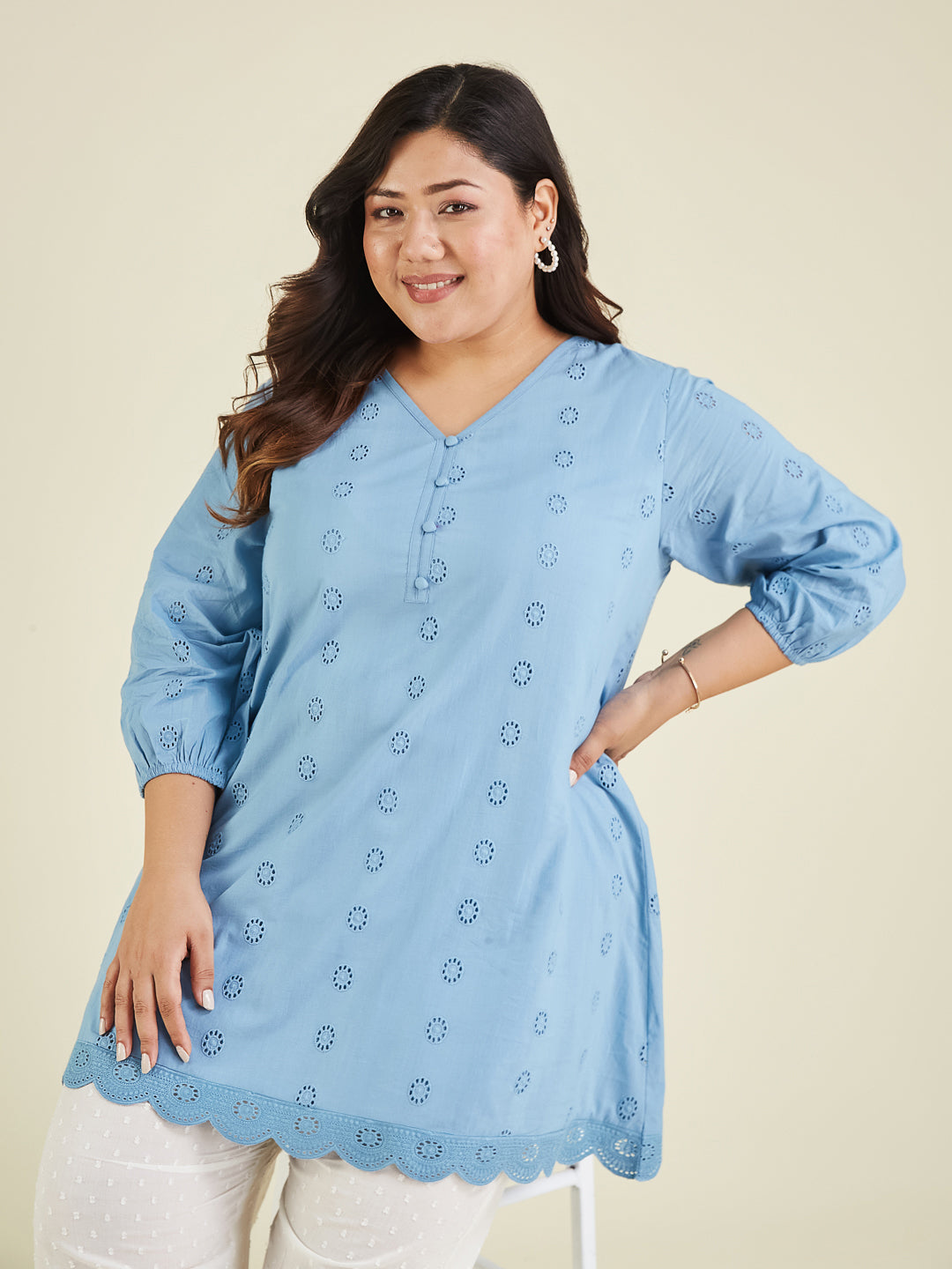 Janasya Women's Plus Size Light Blue Pure Cotton Schiffli Embroidered A-line Tunic