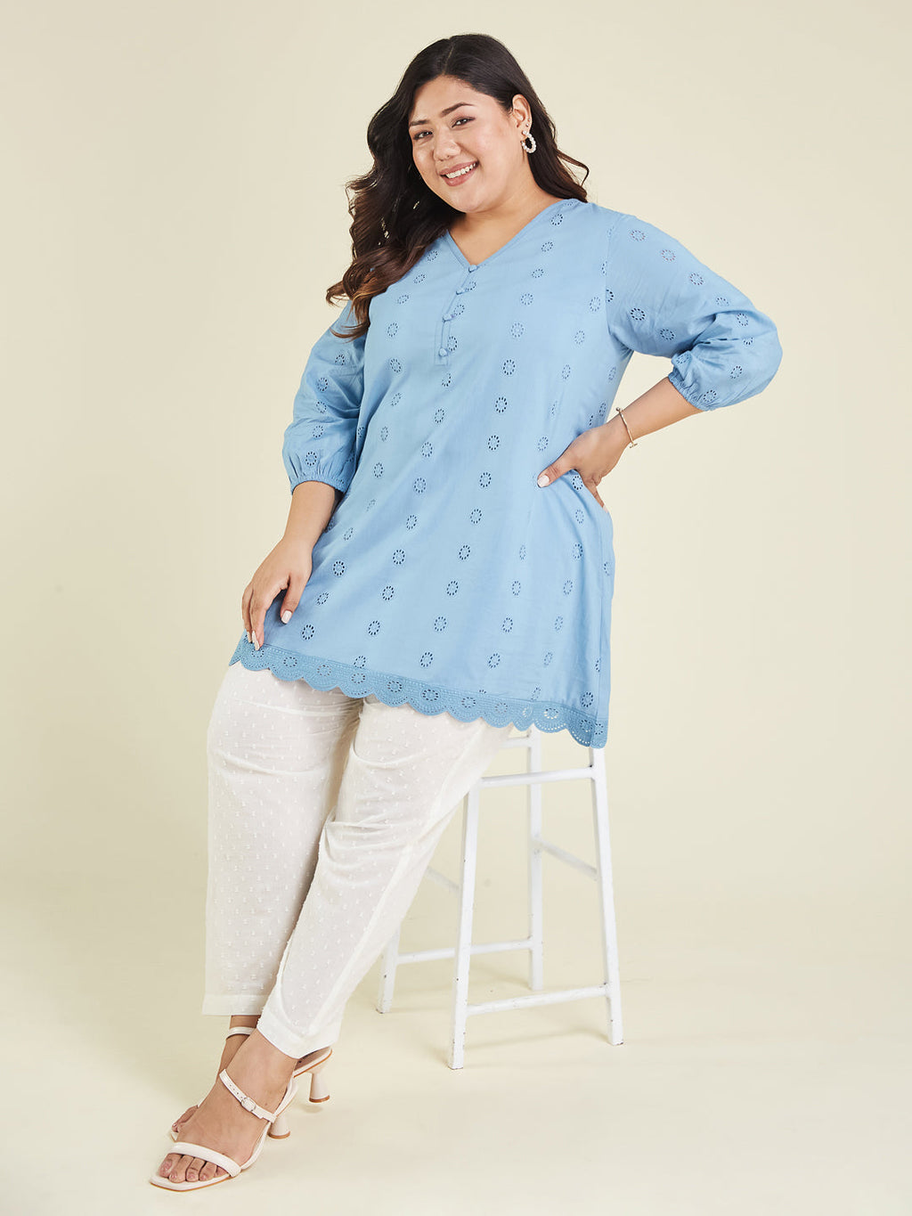 Janasya Women's Plus Size Light Blue Pure Cotton Schiffli Embroidered A-line Tunic