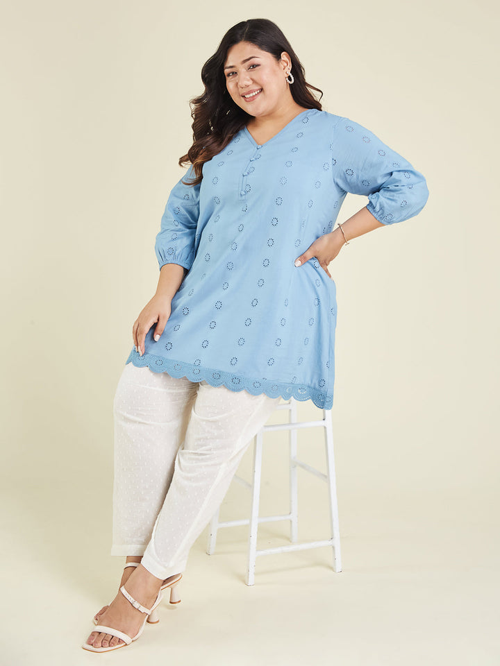 Janasya Women's Plus Size Light Blue Pure Cotton Schiffli Embroidered A-line Tunic - qivii