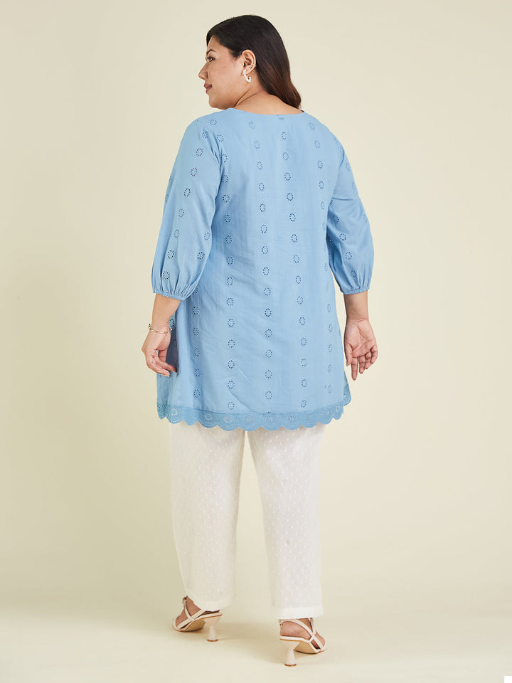 Janasya Women's Plus Size Light Blue Pure Cotton Schiffli Embroidered A-line Tunic - qivii