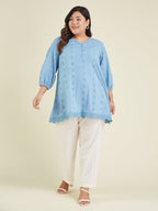 Janasya Women's Plus Size Light Blue Pure Cotton Schiffli Embroidered A-line Tunic