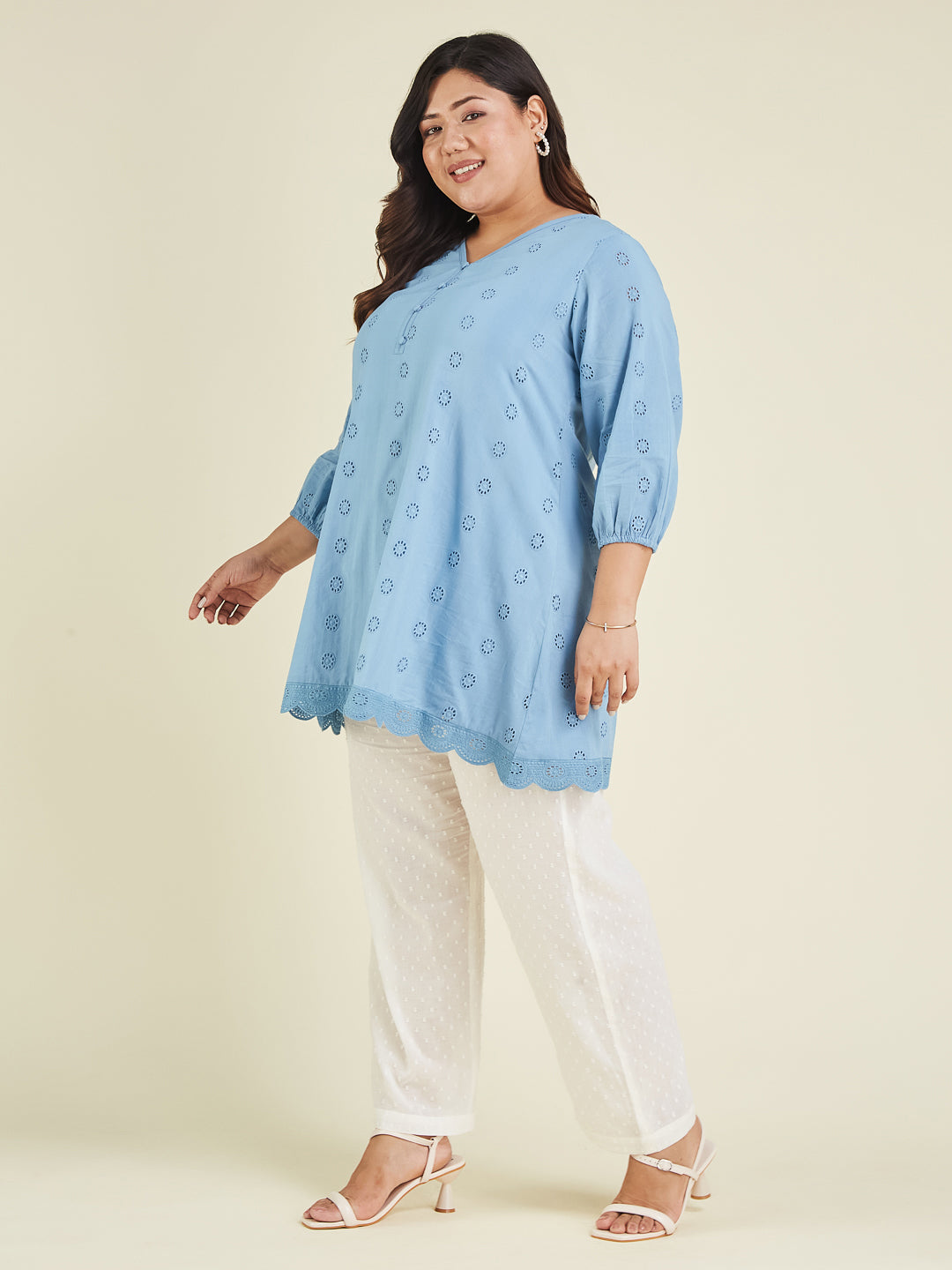 Janasya Women's Plus Size Light Blue Pure Cotton Schiffli Embroidered A-line Tunic - qivii