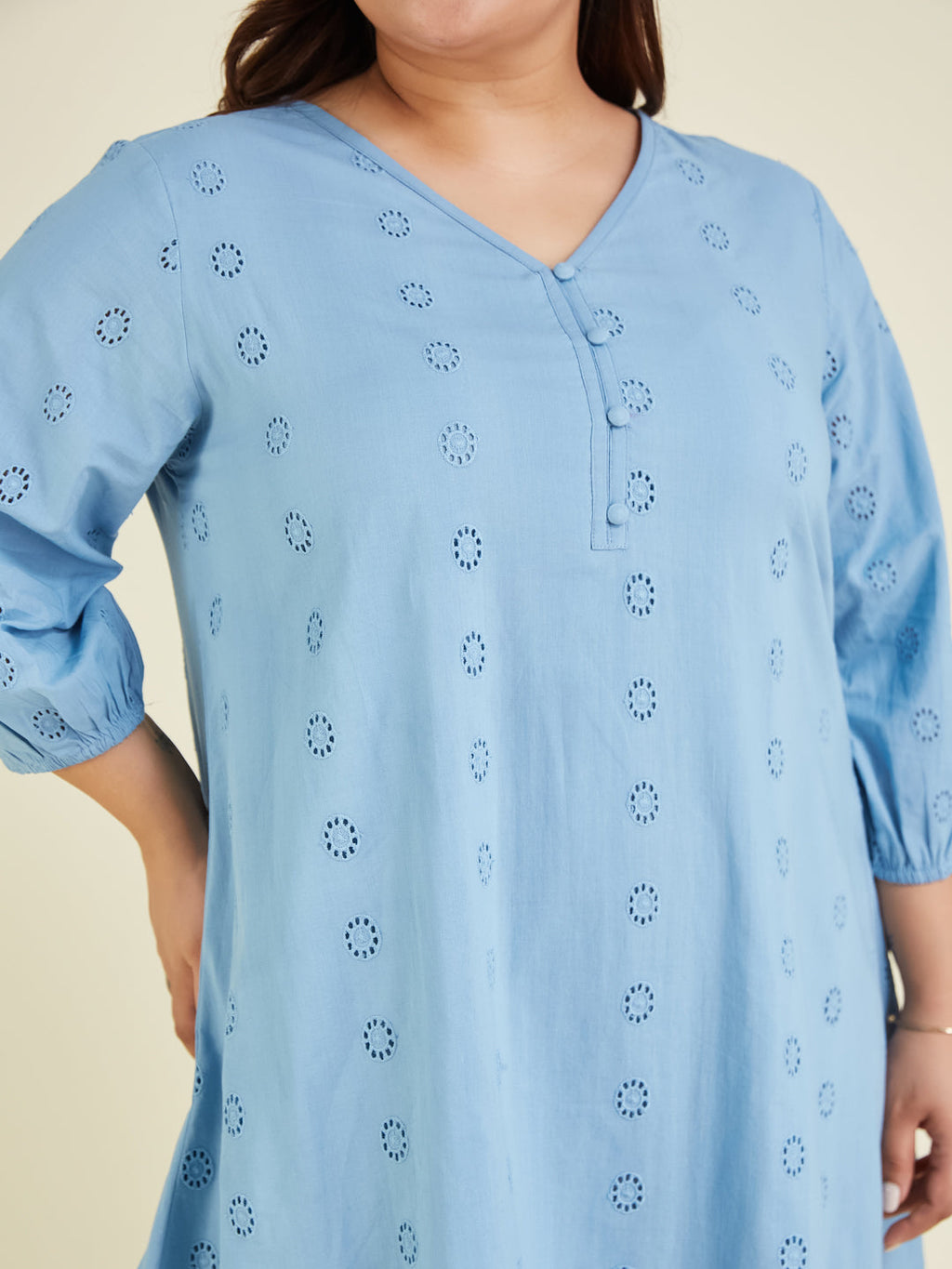 Janasya Women's Plus Size Light Blue Pure Cotton Schiffli Embroidered A-line Tunic