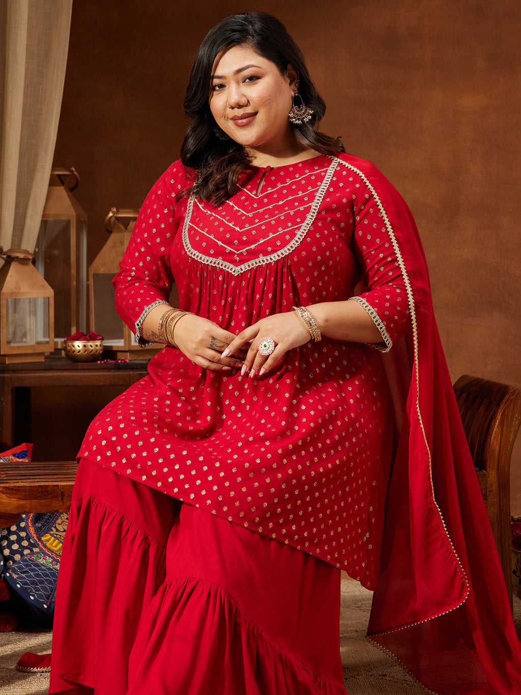 Janasya Women's Red Rayon Embellished Gold Printed A-line Kurta With Sharara & Dupatta Set