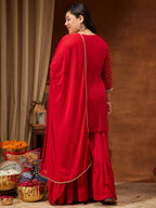 Janasya Women's Red Rayon Embellished Gold Printed A-line Kurta With Sharara & Dupatta Set