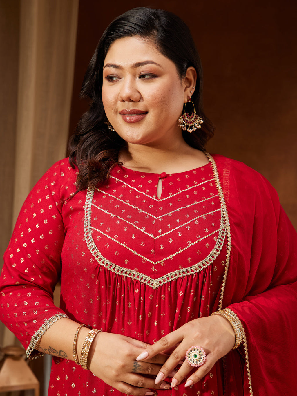 Janasya Women's Red Rayon Embellished Gold Printed A-line Kurta With Sharara & Dupatta Set