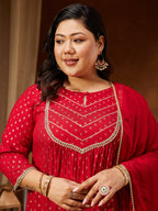 Janasya Women's Red Rayon Embellished Gold Printed A-line Kurta With Sharara & Dupatta Set