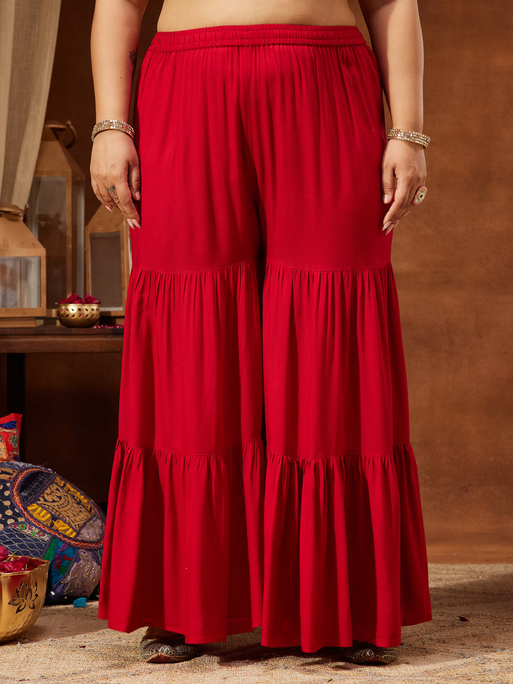 Janasya Women's Red Rayon Embellished Gold Printed A-line Kurta With Sharara & Dupatta Set