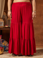 Janasya Women's Red Rayon Embellished Gold Printed A-line Kurta With Sharara & Dupatta Set