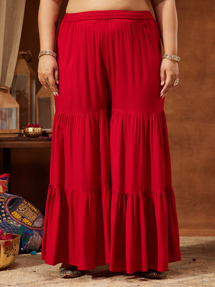 Janasya Women's Red Rayon Embellished Gold Printed A-line Kurta With Sharara & Dupatta Set - qivii