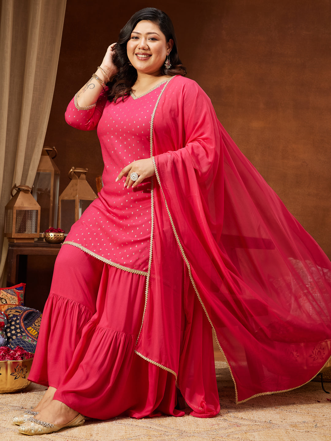 Janasya Women's Plus Size Pink Rayon Embellished Gold Printed Straight Kurta With Sharara & Dupatta Set - qivii