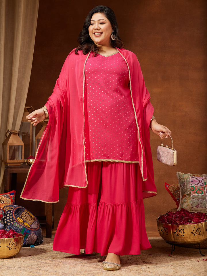 Janasya Women's Plus Size Pink Rayon Embellished Gold Printed Straight Kurta With Sharara & Dupatta Set - qivii