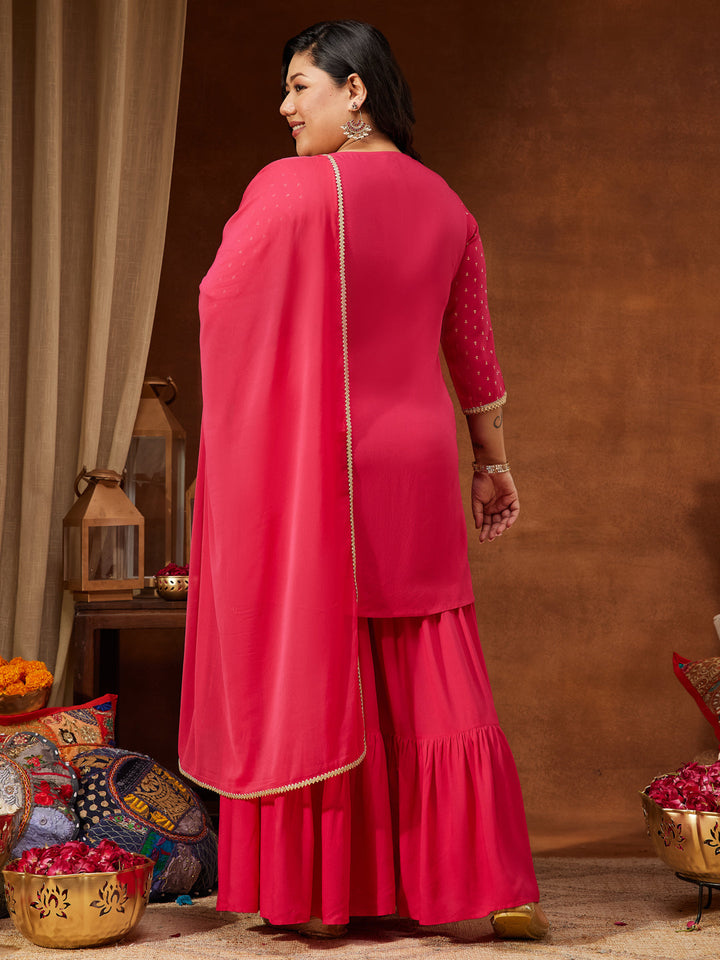Janasya Women's Plus Size Pink Rayon Embellished Gold Printed Straight Kurta With Sharara & Dupatta Set - qivii