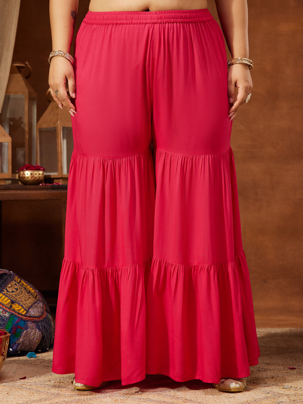 Janasya Women's Plus Size Pink Rayon Embellished Gold Printed Straight Kurta With Sharara & Dupatta Set