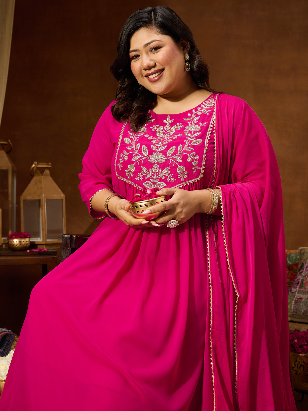 Janasya Women's Plus Size Pink Georgette Yoke Zari Embroidered A-line Kurta Set - qivii