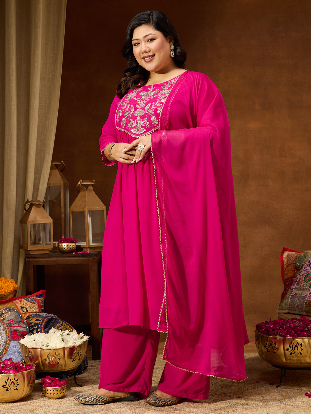 Janasya Women's Plus Size Pink Georgette Yoke Zari Embroidered A-line Kurta Set