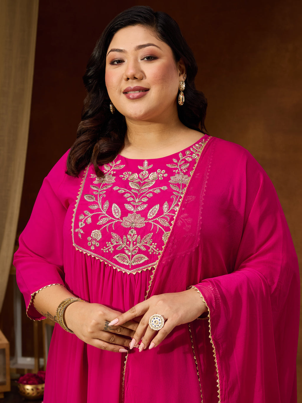 Janasya Women's Plus Size Pink Georgette Yoke Zari Embroidered A-line Kurta Set