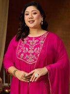 Janasya Women's Plus Size Pink Georgette Yoke Zari Embroidered A-line Kurta Set