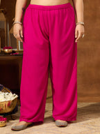 Janasya Women's Plus Size Pink Georgette Yoke Zari Embroidered A-line Kurta Set