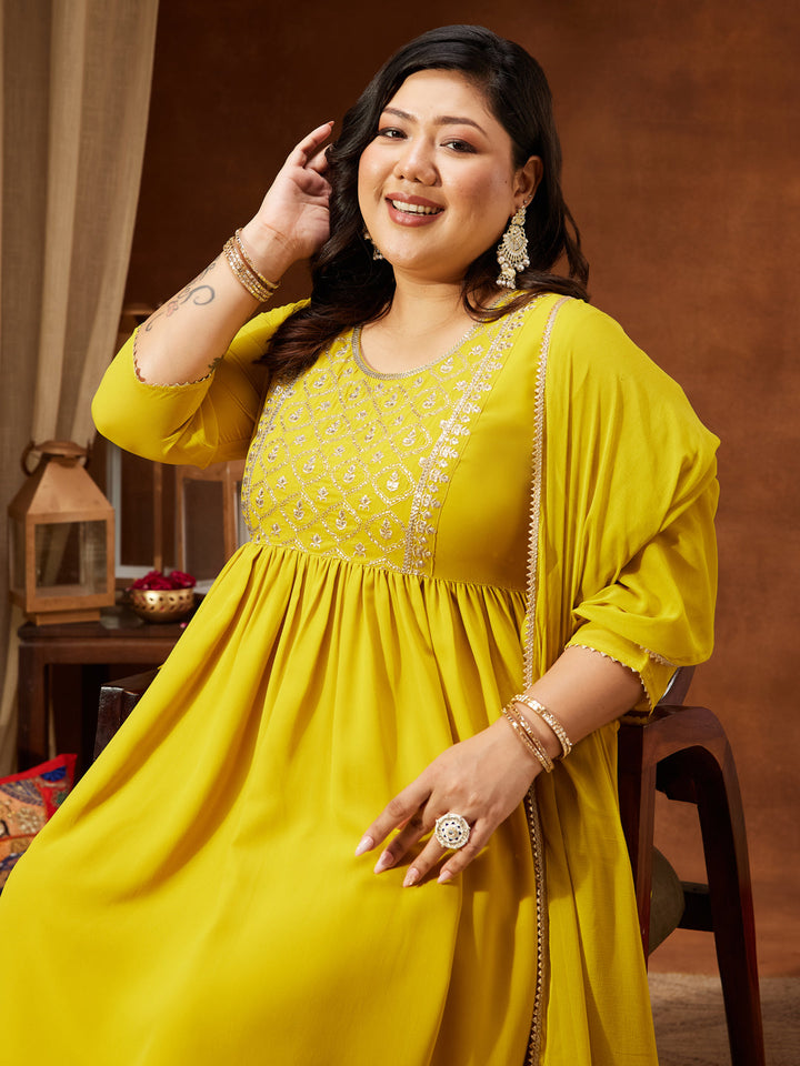 Janasya Women's Plus Size Yellow Georgette Yoke Embroidered A-line Kurta With Palazzo & Dupatta Set - qivii