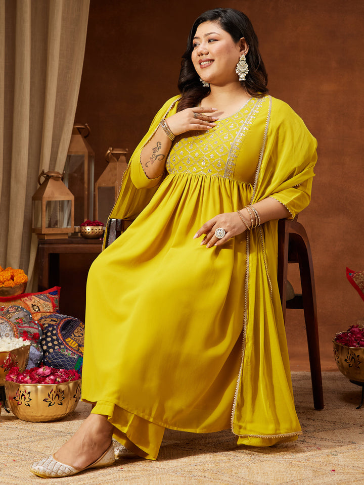 Janasya Women's Plus Size Yellow Georgette Yoke Embroidered A-line Kurta With Palazzo & Dupatta Set - qivii