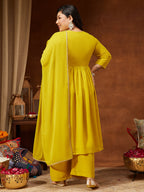 Janasya Women's Plus Size Yellow Georgette Yoke Embroidered A-line Kurta With Palazzo & Dupatta Set