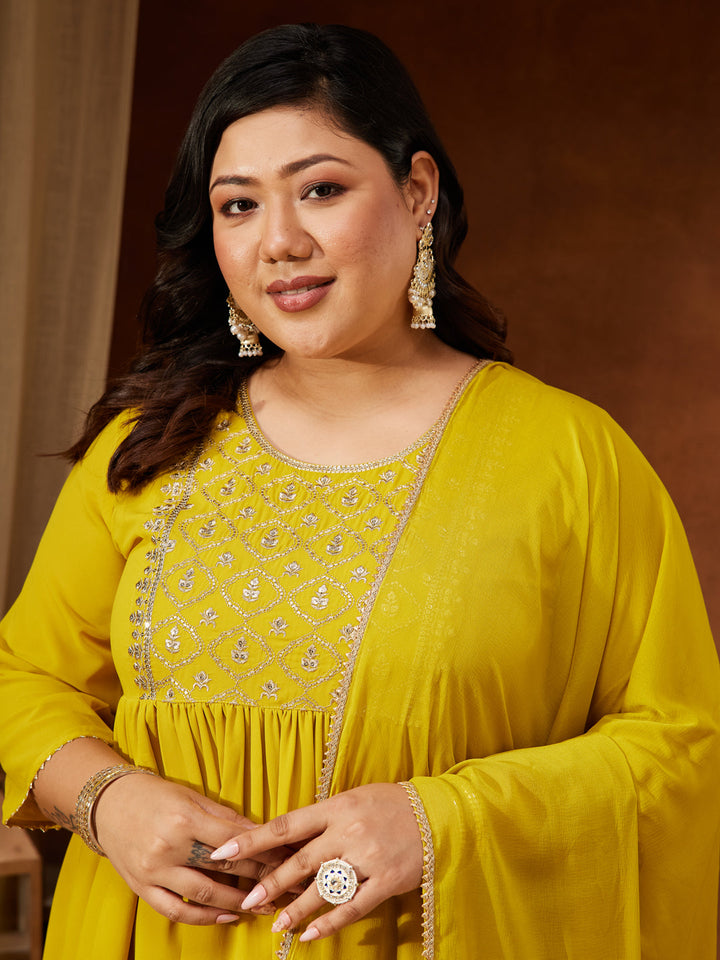 Janasya Women's Plus Size Yellow Georgette Yoke Embroidered A-line Kurta With Palazzo & Dupatta Set - qivii