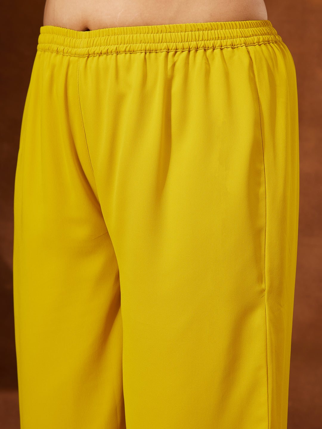 Janasya Women's Plus Size Yellow Georgette Yoke Embroidered A-line Kurta With Palazzo & Dupatta Set - qivii