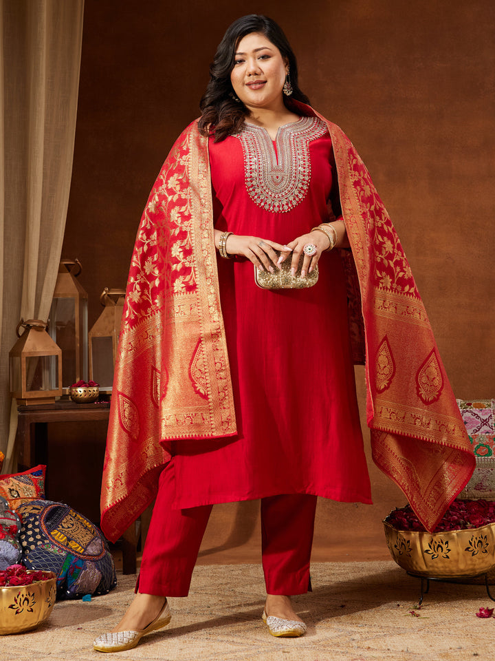 Janasya Women's Plus Size Maroon Silk Blend Zari Embroidered Straight Kurta Set - qivii