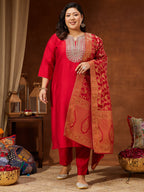 Janasya Women's Plus Size Maroon Silk Blend Zari Embroidered Straight Kurta Set