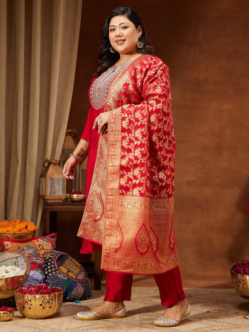 Janasya Women's Plus Size Maroon Silk Blend Zari Embroidered Straight Kurta Set